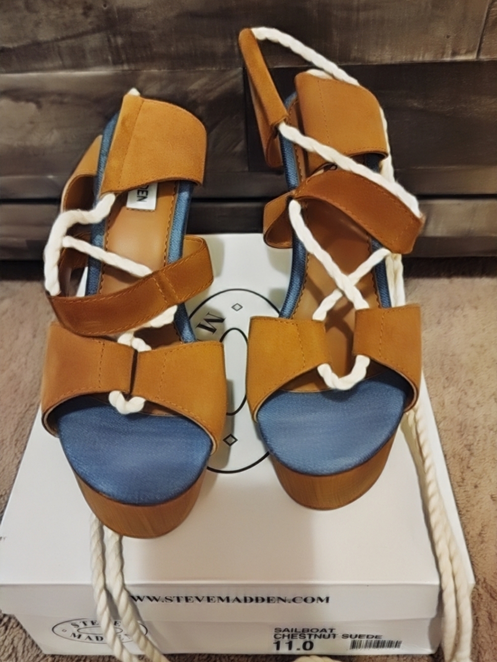 Steve Madden Chestnut Suede Platform Sandals with Blue Insole and White Rope